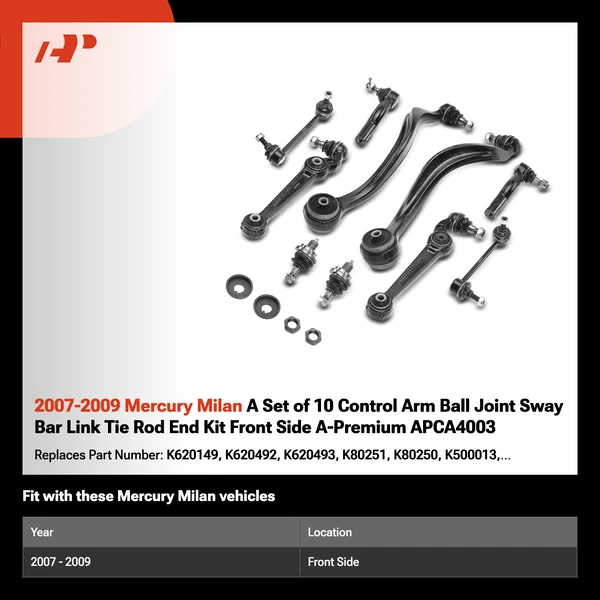 2007-2009 Mercury Milan A Set of 10 Control Arm Ball Joint Sway Bar Link Tie Rod End Kit Front Side A-Premium APCA4003
