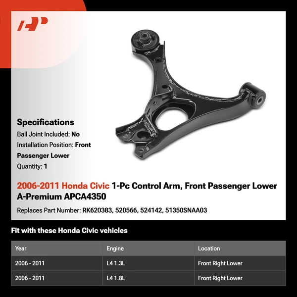 2006-2011 Honda Civic 1-Pc Control Arm, Front Passenger Lower A-Premium APCA4350