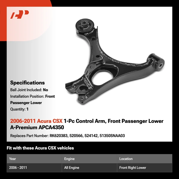 2006-2011 Acura CSX 1-Pc Control Arm, Front Passenger Lower A-Premium APCA4350