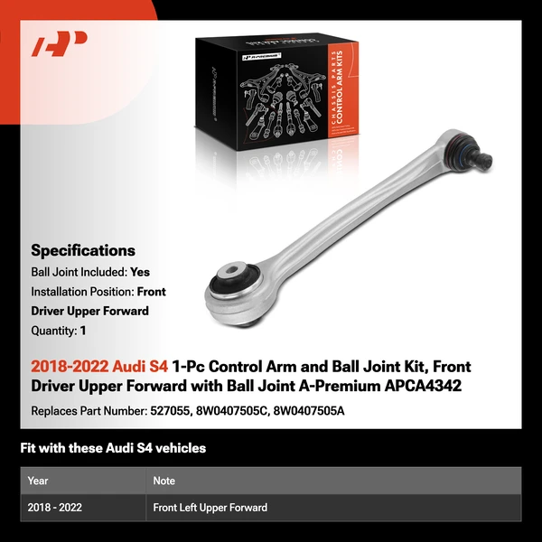 2018-2022 Audi S4 1-Pc Control Arm and Ball Joint Kit, Front Driver Upper Forward with Ball Joint A-Premium APCA4342
