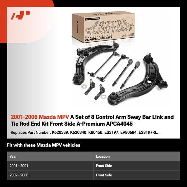 2001-2006 Mazda MPV A Set of 8 Control Arm Sway Bar Link and Tie Rod End Kit Front Side A-Premium APCA4045