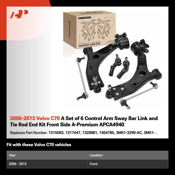 2006-2013 Volvo C70 A Set of 6 Control Arm Sway Bar Link and Tie Rod End Kit Front Side A-Premium APCA4940