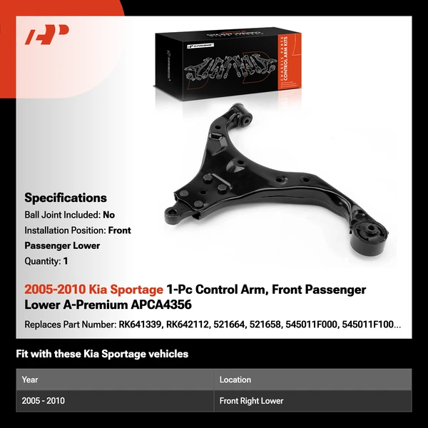 2005-2010 Kia Sportage 1-Pc Control Arm, Front Passenger Lower A-Premium APCA4356
