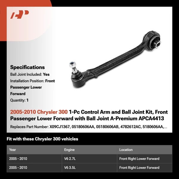 2005-2010 Chrysler 300 1-Pc Control Arm and Ball Joint Kit, Front Passenger Lower Forward with Ball Joint A-Premium APCA4413