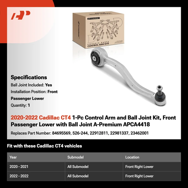 2020-2022 Cadillac CT4 1-Pc Control Arm and Ball Joint Kit, Front Passenger Lower with Ball Joint A-Premium APCA4418