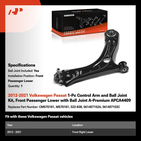 2012-2021 Volkswagen Passat 1-Pc Control Arm and Ball Joint Kit, Front Passenger Lower with Ball Joint A-Premium APCA4409