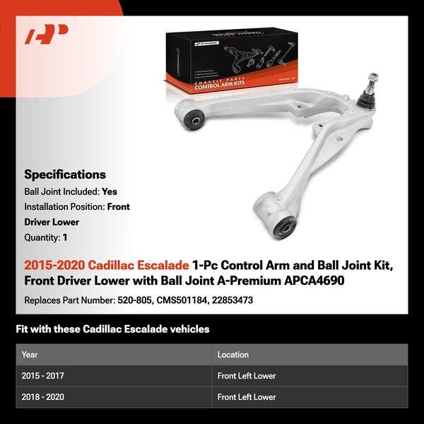 2015-2020 Cadillac Escalade 1-Pc Control Arm and Ball Joint Kit, Front Driver Lower with Ball Joint A-Premium APCA4690