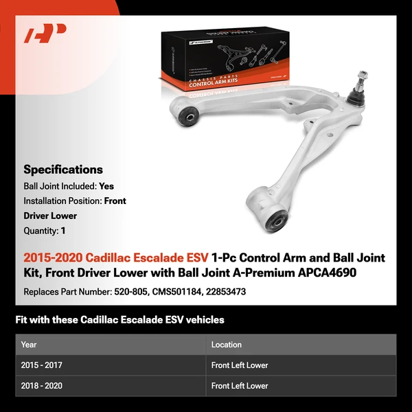 2015-2020 Cadillac Escalade ESV 1-Pc Control Arm and Ball Joint Kit, Front Driver Lower with Ball Joint A-Premium APCA4690