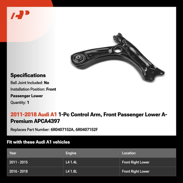 2011-2018 Audi A1 1-Pc Control Arm, Front Passenger Lower A-Premium APCA4397