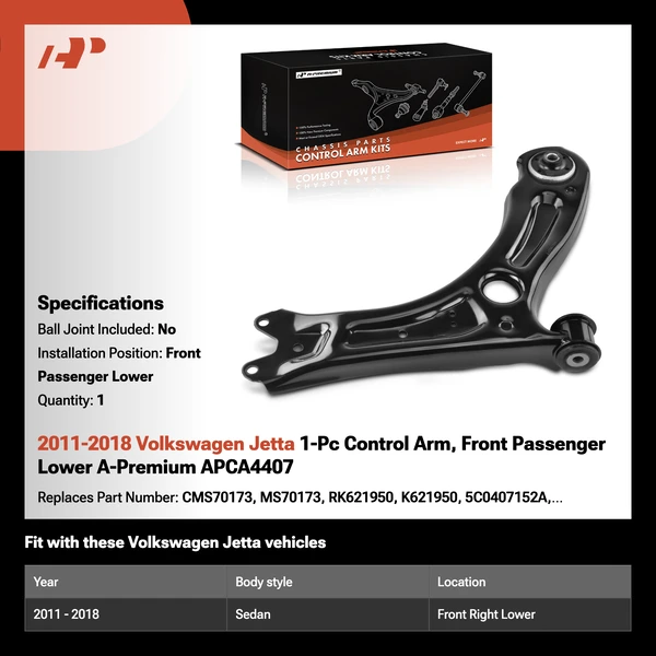 2011-2018 Volkswagen Jetta 1-Pc Control Arm, Front Passenger Lower A-Premium APCA4407