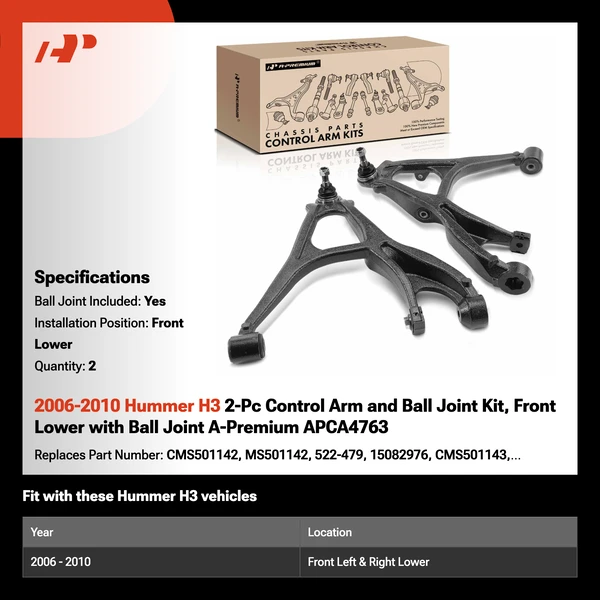 2006-2010 Hummer H3 2-Pc Control Arm and Ball Joint Kit, Front Lower with Ball Joint A-Premium APCA4763