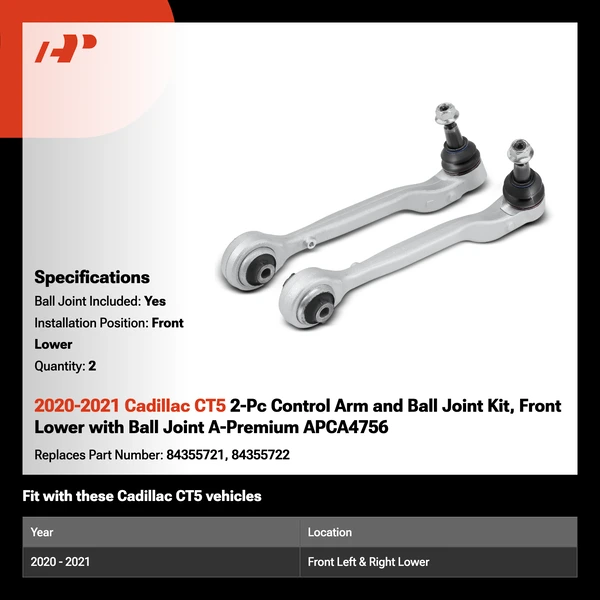 2020-2021 Cadillac CT5 2-Pc Control Arm and Ball Joint Kit, Front Lower with Ball Joint A-Premium APCA4756