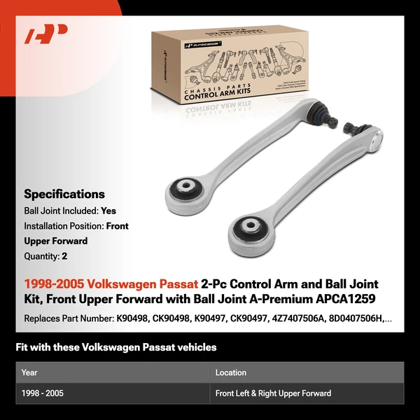1998-2005 Volkswagen Passat 2-Pc Control Arm and Ball Joint Kit, Front Upper Forward with Ball Joint A-Premium APCA1259