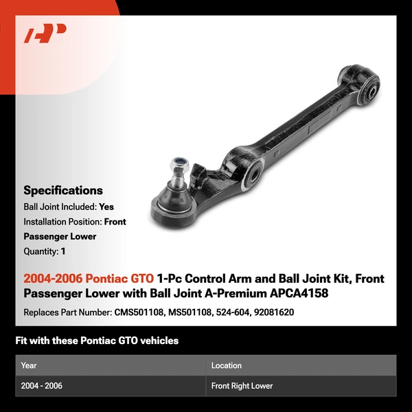 2004-2006 Pontiac GTO 1-Pc Control Arm and Ball Joint Kit, Front Passenger Lower with Ball Joint A-Premium APCA4158