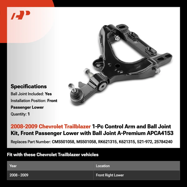 2008-2009 Chevrolet Trailblazer 1-Pc Control Arm and Ball Joint Kit, Front Passenger Lower with Ball Joint A-Premium APCA4153