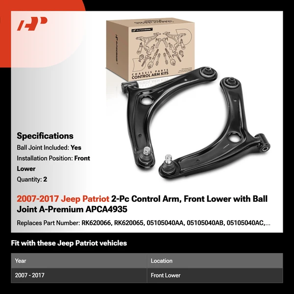 2007-2017 Jeep Patriot 2-Pc Control Arm, Front Lower with Ball Joint A-Premium APCA4935