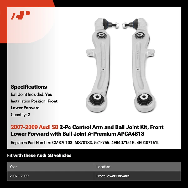 2007-2009 Audi S8 2-Pc Control Arm and Ball Joint Kit, Front Lower Forward with Ball Joint A-Premium APCA4813
