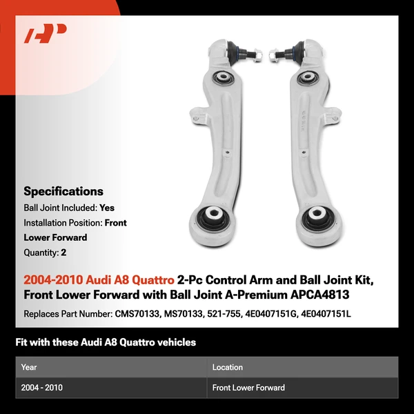 2004-2010 Audi A8 Quattro 2-Pc Control Arm and Ball Joint Kit, Front Lower Forward with Ball Joint A-Premium APCA4813