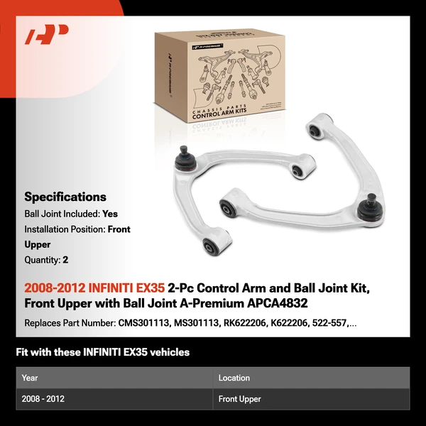 2008-2012 INFINITI EX35 2-Pc Control Arm and Ball Joint Kit, Front Upper with Ball Joint A-Premium APCA4832