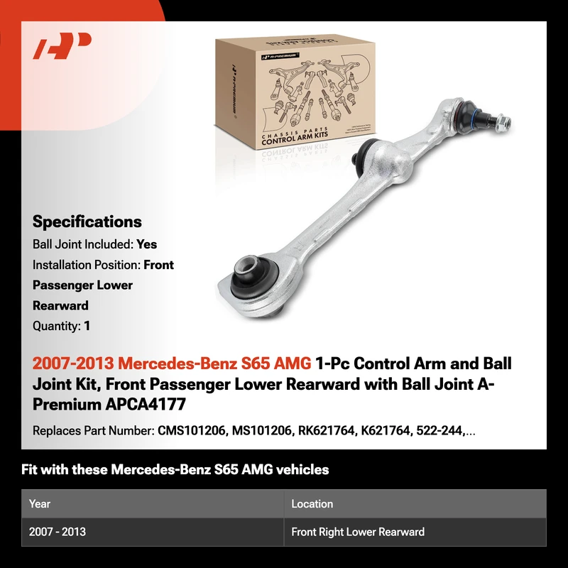 2007-2013 Mercedes-Benz S65 AMG 1-Pc Control Arm and Ball Joint Kit, Front Passenger Lower Rearward with Ball Joint A-Premium APCA4177
