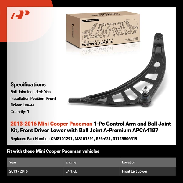 2013-2016 Mini Cooper Paceman 1-Pc Control Arm and Ball Joint Kit, Front Driver Lower with Ball Joint A-Premium APCA4187