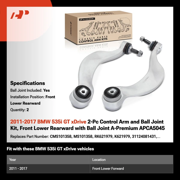2011-2017 BMW 535i GT xDrive 2-Pc Control Arm and Ball Joint Kit, Front Lower Rearward with Ball Joint A-Premium APCA5045