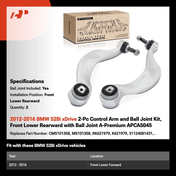 2012-2016 BMW 528i xDrive 2-Pc Control Arm and Ball Joint Kit, Front Lower Rearward with Ball Joint A-Premium APCA5045