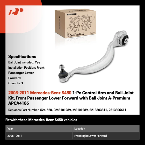 2008-2011 Mercedes-Benz S450 1-Pc Control Arm and Ball Joint Kit, Front Passenger Lower Forward with Ball Joint A-Premium APCA4186