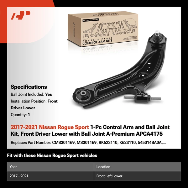 2017-2021 Nissan Rogue Sport 1-Pc Control Arm and Ball Joint Kit, Front Driver Lower with Ball Joint A-Premium APCA4175