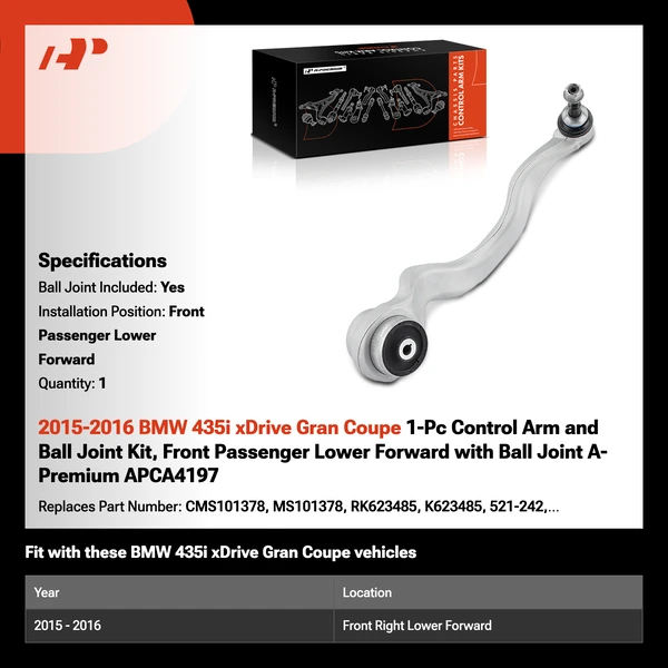 2015-2016 BMW 435i xDrive Gran Coupe 1-Pc Control Arm and Ball Joint Kit, Front Passenger Lower Forward with Ball Joint A-Premium APCA4197