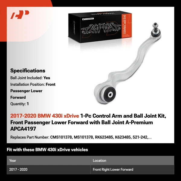 2017-2020 BMW 430i xDrive 1-Pc Control Arm and Ball Joint Kit, Front Passenger Lower Forward with Ball Joint A-Premium APCA4197