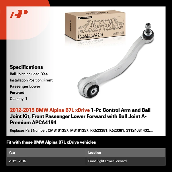 2012-2015 BMW Alpina B7L xDrive 1-Pc Control Arm and Ball Joint Kit, Front Passenger Lower Forward with Ball Joint A-Premium APCA4194