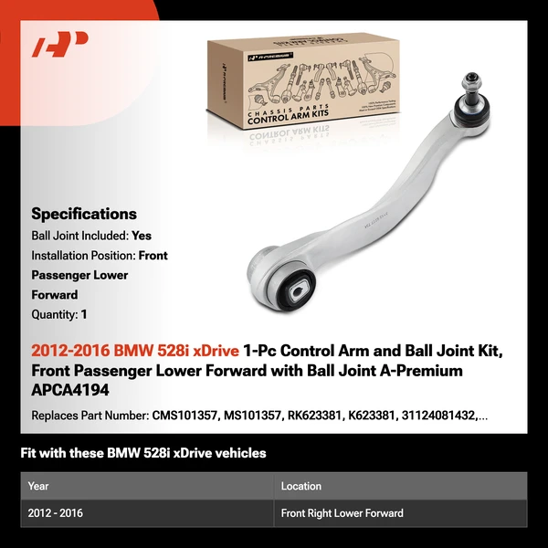2012-2016 BMW 528i xDrive 1-Pc Control Arm and Ball Joint Kit, Front Passenger Lower Forward with Ball Joint A-Premium APCA4194