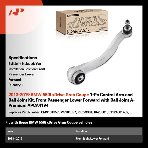 2013-2019 BMW 650i xDrive Gran Coupe 1-Pc Control Arm and Ball Joint Kit, Front Passenger Lower Forward with Ball Joint A-Premium APCA4194