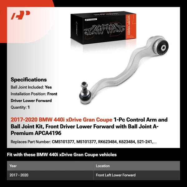 2017-2020 BMW 440i xDrive Gran Coupe 1-Pc Control Arm and Ball Joint Kit, Front Driver Lower Forward with Ball Joint A-Premium APCA4196