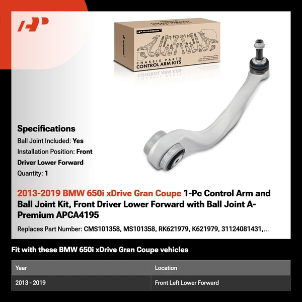 2013-2019 BMW 650i xDrive Gran Coupe 1-Pc Control Arm and Ball Joint Kit, Front Driver Lower Forward with Ball Joint A-Premium APCA4195