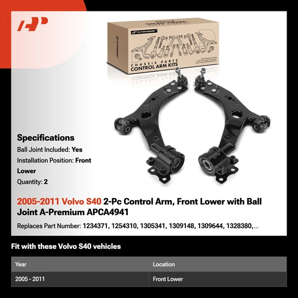 2005-2011 Volvo S40 2-Pc Control Arm, Front Lower with Ball Joint A-Premium APCA4941