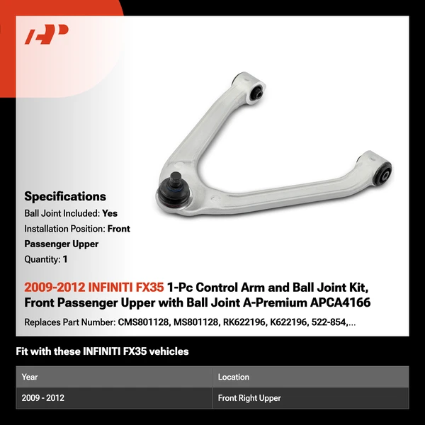 2009-2012 INFINITI FX35 1-Pc Control Arm and Ball Joint Kit, Front Passenger Upper with Ball Joint A-Premium APCA4166
