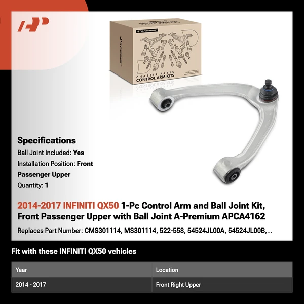 2014-2017 INFINITI QX50 1-Pc Control Arm and Ball Joint Kit, Front Passenger Upper with Ball Joint A-Premium APCA4162