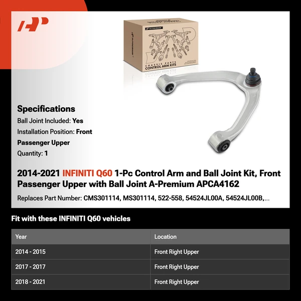 2014-2021 INFINITI Q60 1-Pc Control Arm and Ball Joint Kit, Front Passenger Upper with Ball Joint A-Premium APCA4162