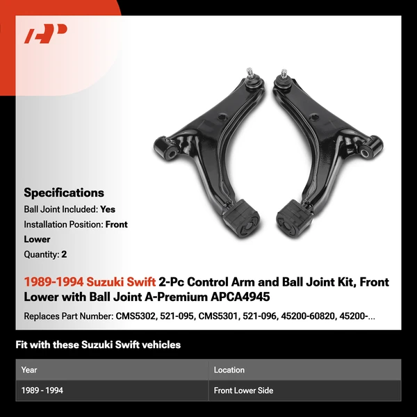 1989-1994 Suzuki Swift 2-Pc Control Arm and Ball Joint Kit, Front Lower with Ball Joint A-Premium APCA4945
