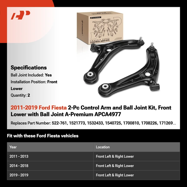 2011-2019 Ford Fiesta 2-Pc Control Arm and Ball Joint Kit, Front Lower with Ball Joint A-Premium APCA4977