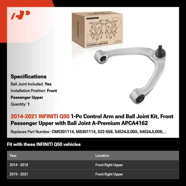 2014-2021 INFINITI Q50 1-Pc Control Arm and Ball Joint Kit, Front Passenger Upper with Ball Joint A-Premium APCA4162