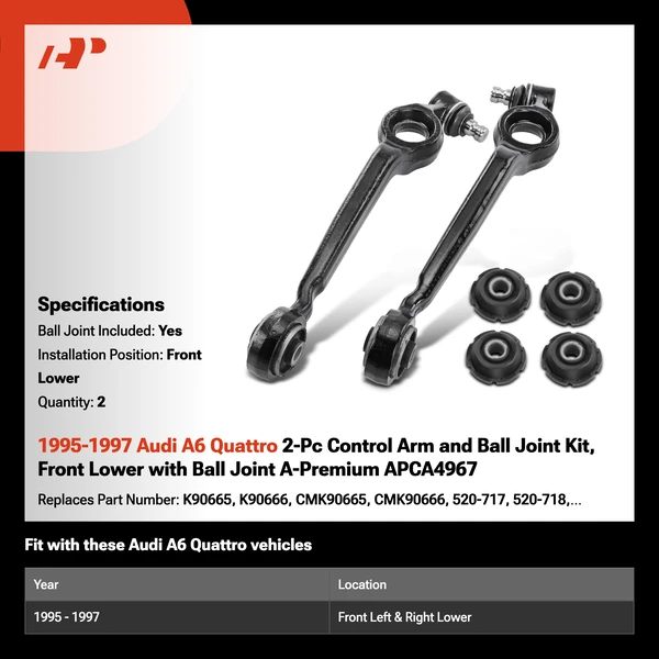 1995-1997 Audi A6 Quattro 2-Pc Control Arm and Ball Joint Kit, Front Lower with Ball Joint A-Premium APCA4967