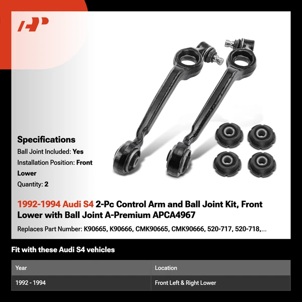 1992-1994 Audi S4 2-Pc Control Arm and Ball Joint Kit, Front Lower with Ball Joint A-Premium APCA4967