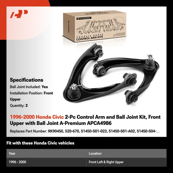 1996-2000 Honda Civic 2-Pc Control Arm and Ball Joint Kit, Front Upper with Ball Joint A-Premium APCA4986