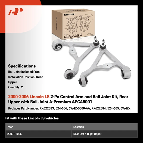 2000-2006 Lincoln LS 2-Pc Control Arm and Ball Joint Kit, Rear Upper with Ball Joint A-Premium APCA5001