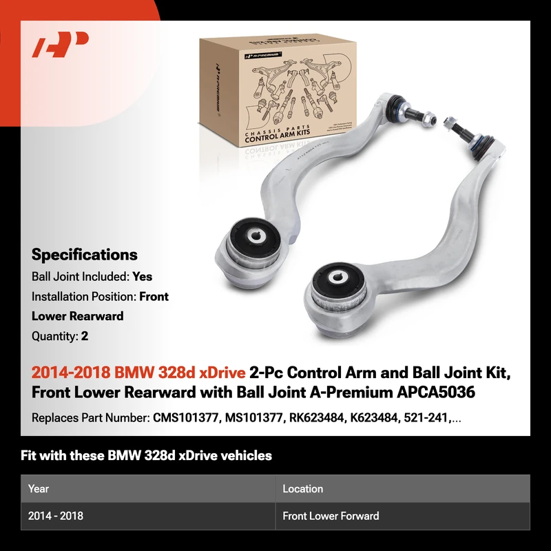 2014-2018 BMW 328d xDrive 2-Pc Control Arm and Ball Joint Kit, Front Lower Rearward with Ball Joint A-Premium APCA5036