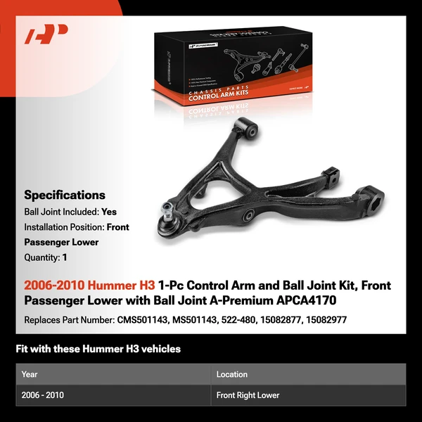 2006-2010 Hummer H3 1-Pc Control Arm and Ball Joint Kit, Front Passenger Lower with Ball Joint A-Premium APCA4170
