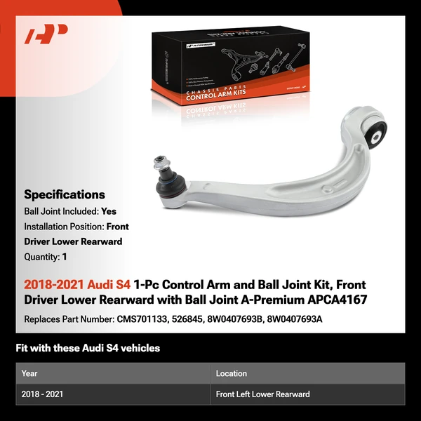 2018-2021 Audi S4 1-Pc Control Arm and Ball Joint Kit, Front Driver Lower Rearward with Ball Joint A-Premium APCA4167